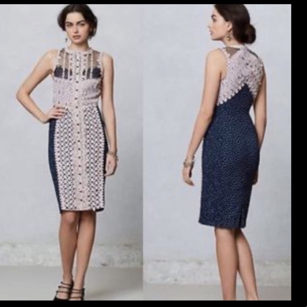 Byron Lars Beguile Anthropologie 10 pink and navy stretch lace button down dress